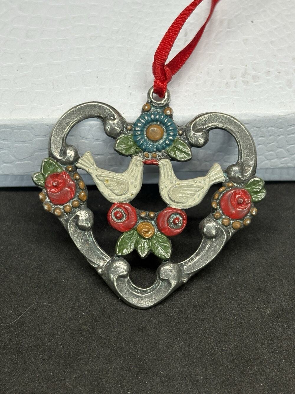 Vintage German Kuhn Zinn Pewter Christmas Ornament White Turtle Doves Heart 2”